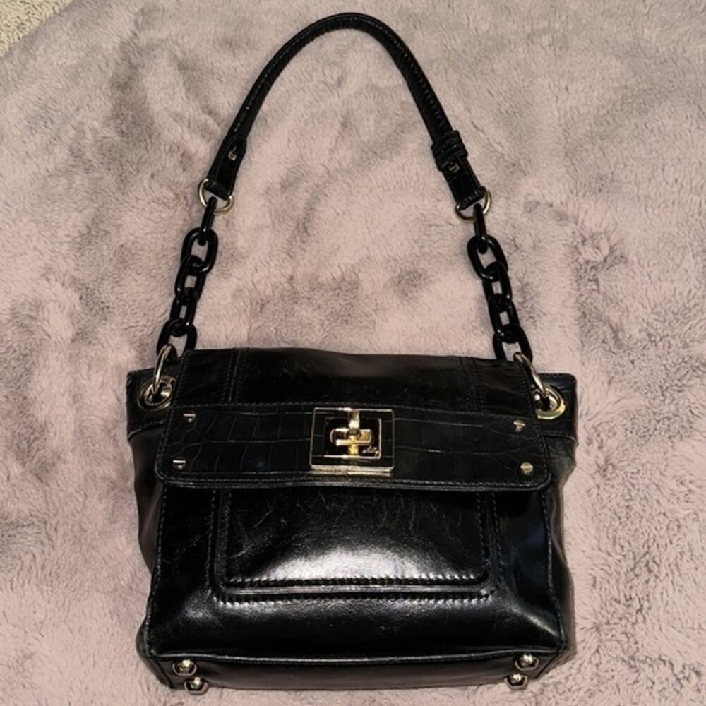Milly Black Leather/Croc Embossed Top Flap Handbag w/Chunky Enamel Chain Strap